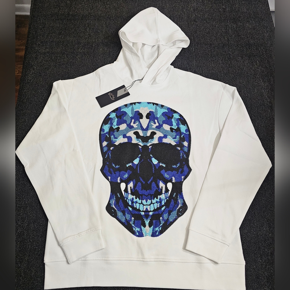 Heads and Tails Mens Medium Rhinestone Embellished Skull White Pullover Hoodie